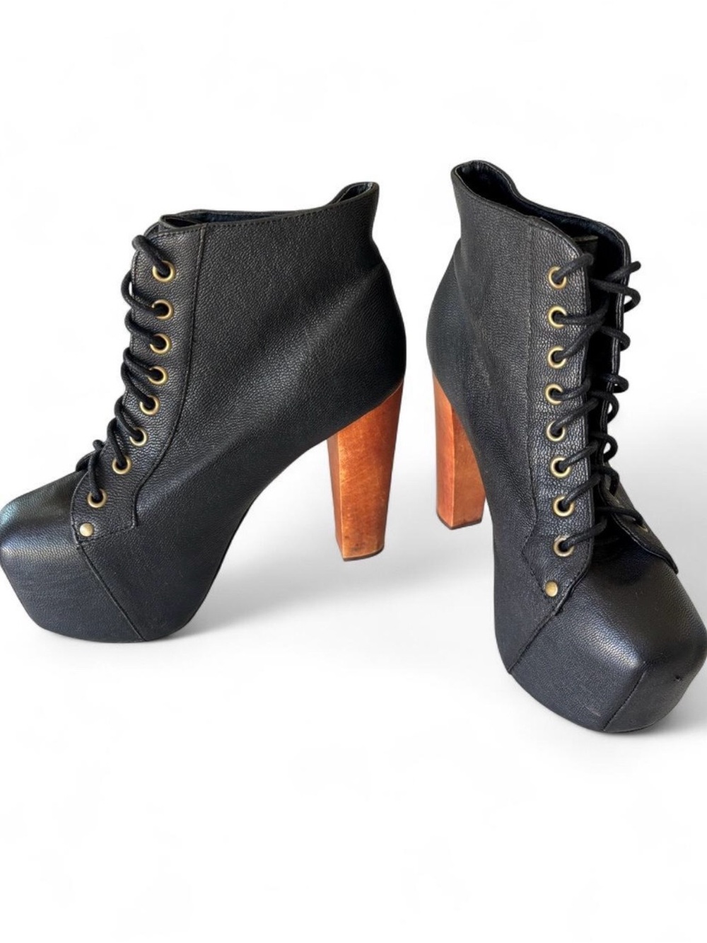 Jeffrey Campbell Black Lace-Up Lita Platform Ankle Boots with Wood Block Heel